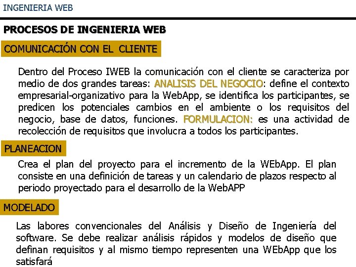 INGENIERIA WEB PROCESOS DE INGENIERIA WEB COMUNICACIÓN CON EL CLIENTE Dentro del Proceso IWEB