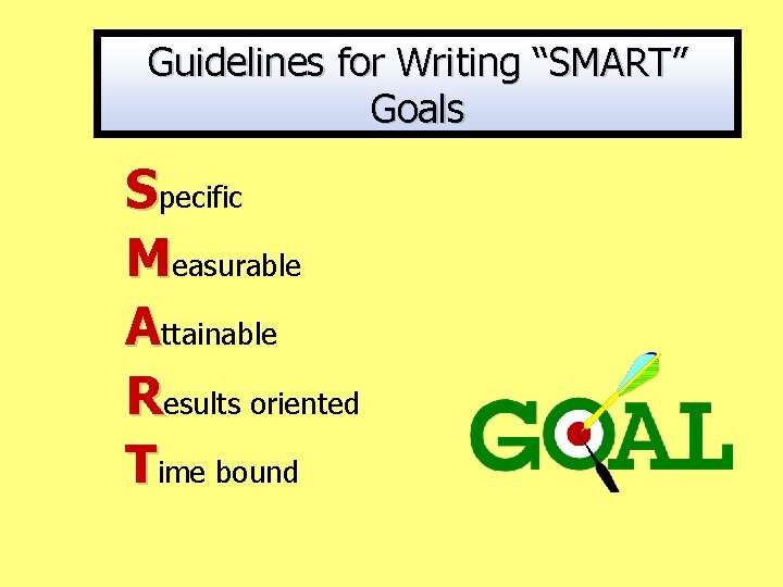 Guidelines for Writing “SMART” Goals Specific Measurable Attainable Results oriented Time bound 