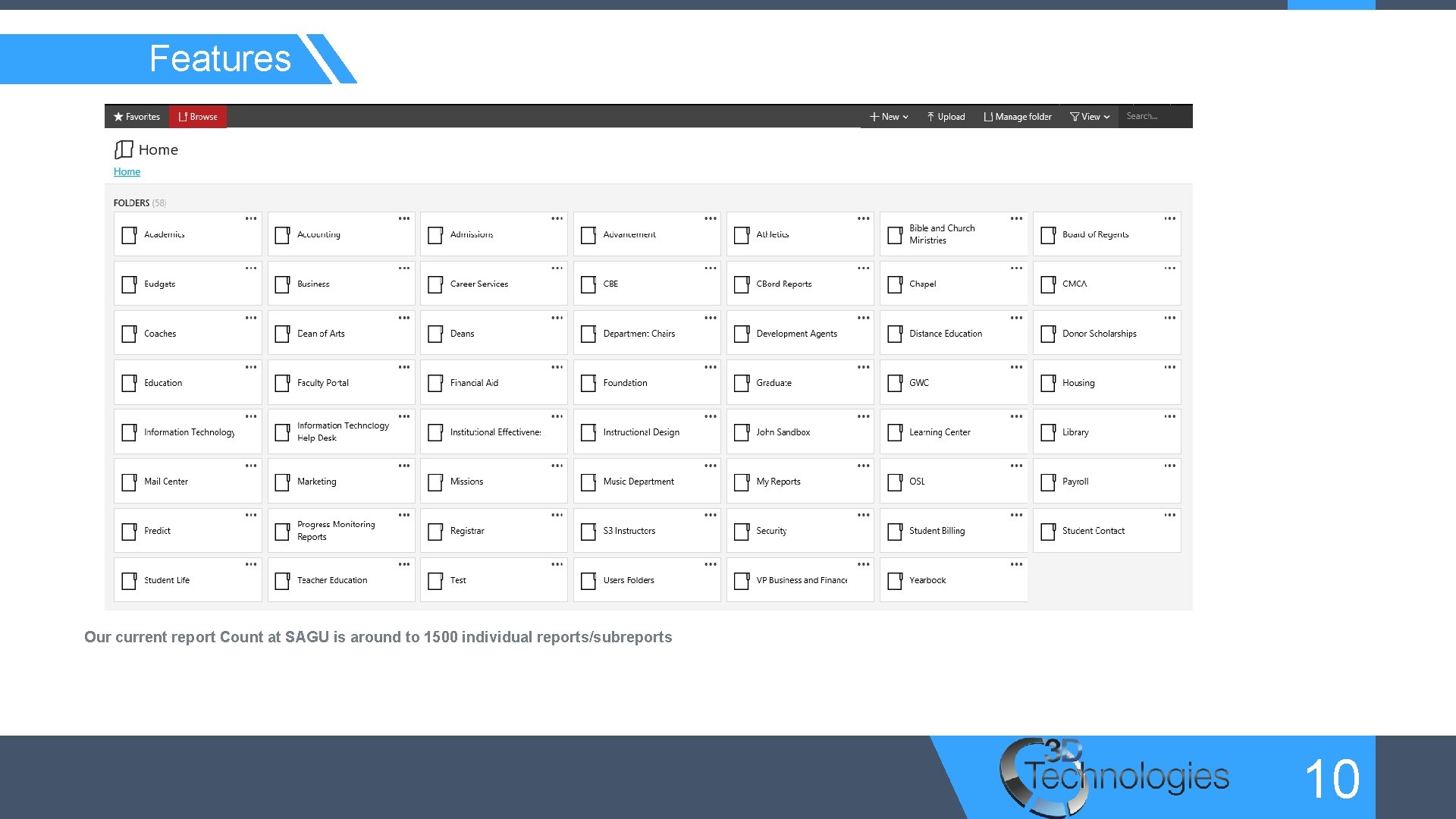 Features Our current report Count at SAGU is around to 1500 individual reports/subreports 10