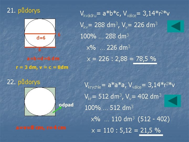 21. půdorys Vkvádru= a*b*c, Vválce= 3, 14*r 2*v Vkv= 288 dm 3, Vv= 226