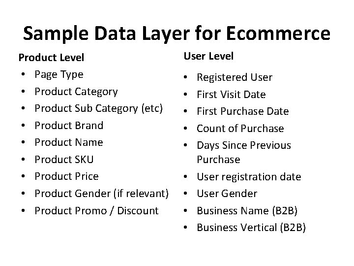 Sample Data Layer for Ecommerce Product Level • Page Type • Product Category •