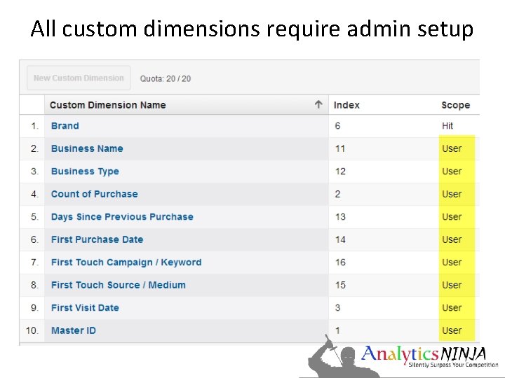 All custom dimensions require admin setup 