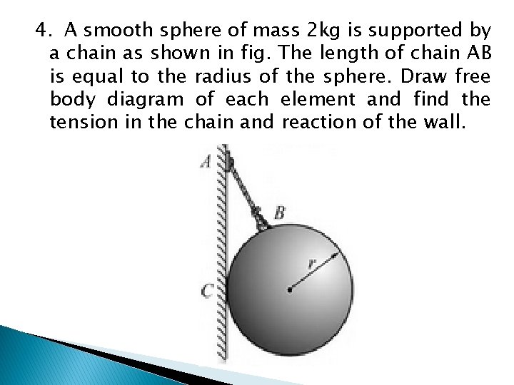 4. A smooth sphere of mass 2 kg is supported by a chain as