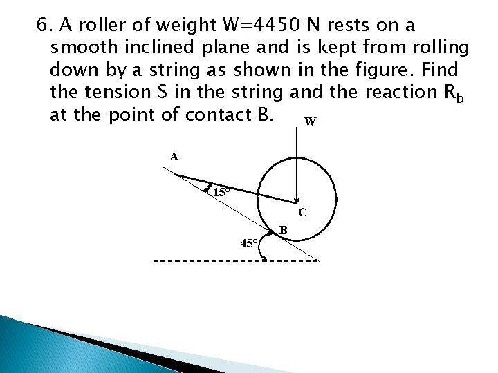 6. A roller of weight W=4450 N rests on a smooth inclined plane and