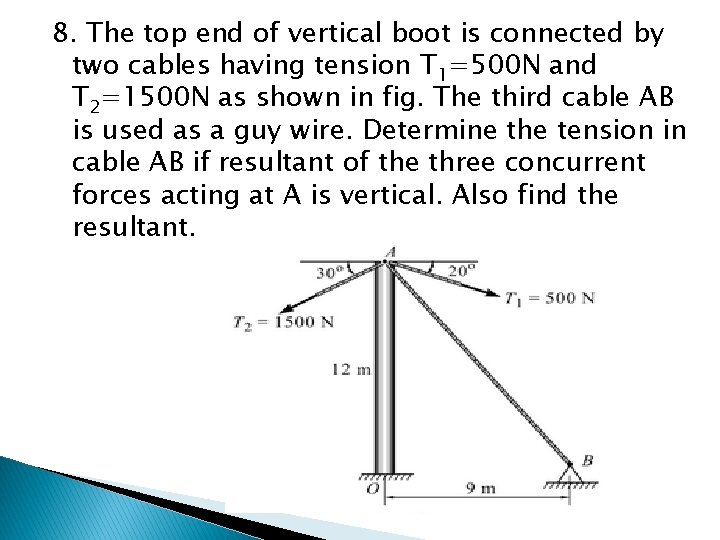 8. The top end of vertical boot is connected by two cables having tension 8. The top end of vertical boot is connected by two cables having tension