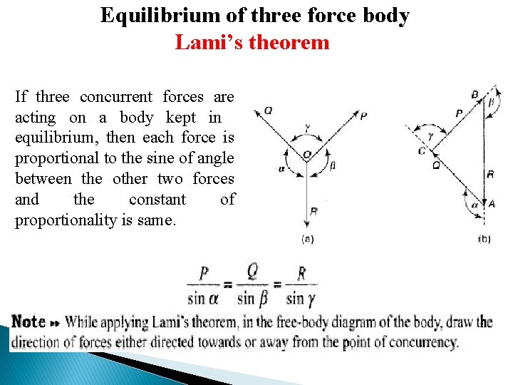 Equilibrium of three force body Lami’s theorem If three concurrent forces are acting on