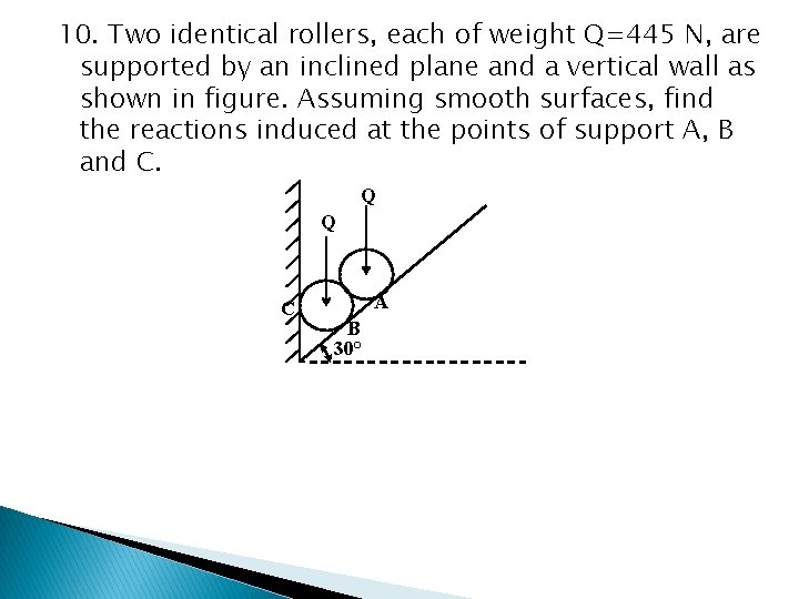 10. Two identical rollers, each of weight Q=445 N, are supported by an inclined 10. Two identical rollers, each of weight Q=445 N, are supported by an inclined