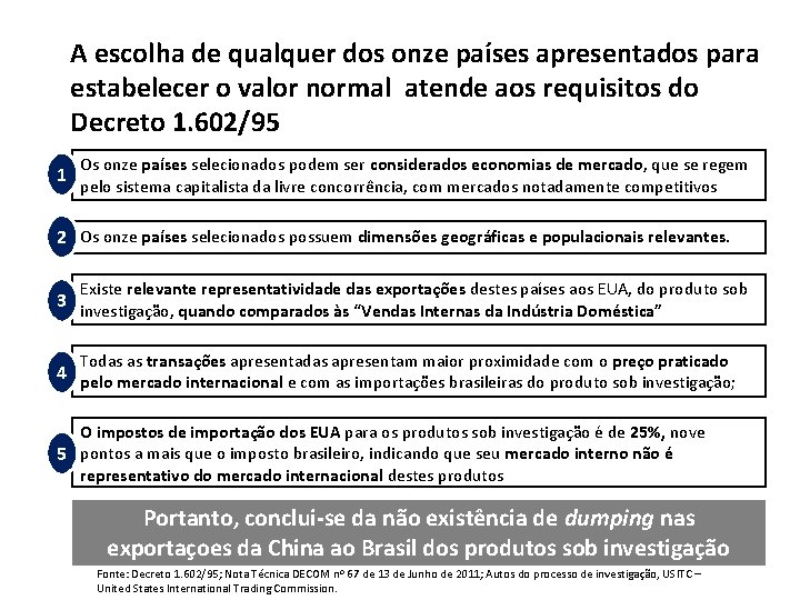 A escolha de qualquer dos onze países apresentados para estabelecer o valor normal atende