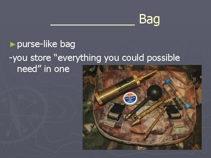 ______ Bag ► purse-like bag -you store “everything you could possible need” in one