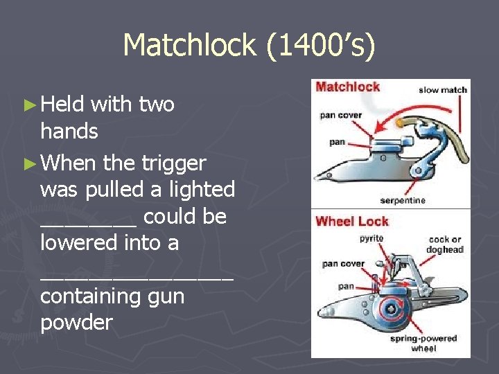 Matchlock (1400’s) ► Held with two hands ► When the trigger was pulled a