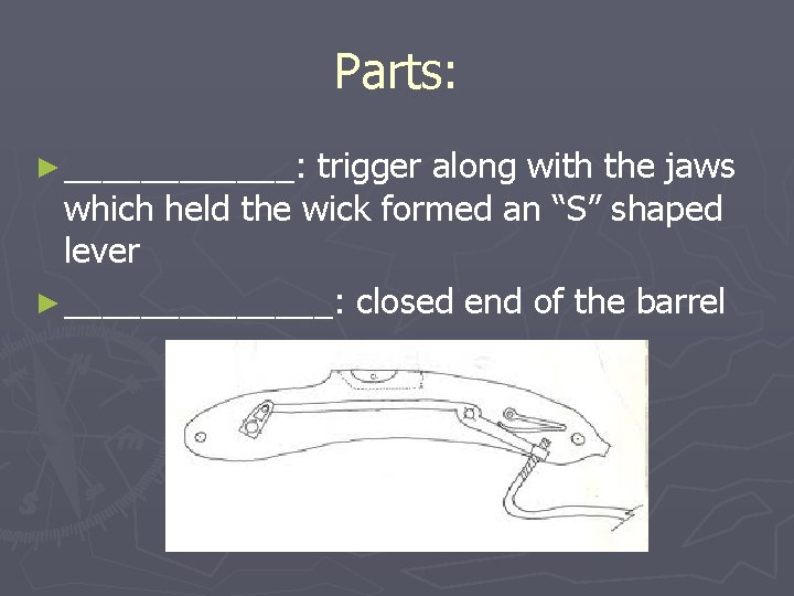 Parts: ► ______: trigger along with the jaws which held the wick formed an