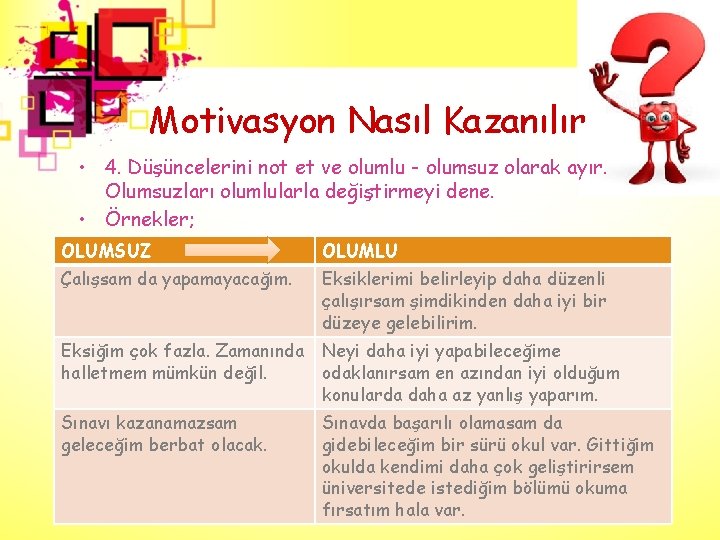 Motivasyon Nasıl Kazanılır • 4. Düşüncelerini not et ve olumlu - olumsuz olarak ayır.