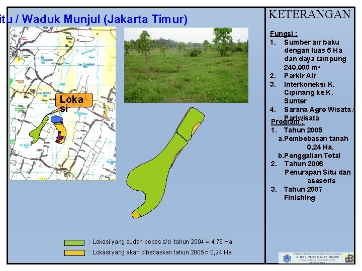 itu / Waduk Munjul (Jakarta Timur) KETERANGAN Fungsi : 1. Sumber air baku dengan