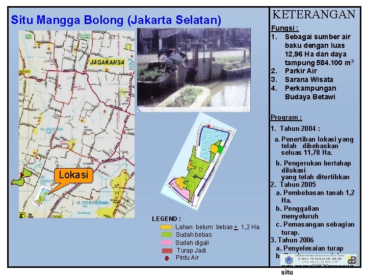 Situ Mangga Bolong (Jakarta Selatan) KETERANGAN Fungsi : 1. Sebagai sumber air baku dengan