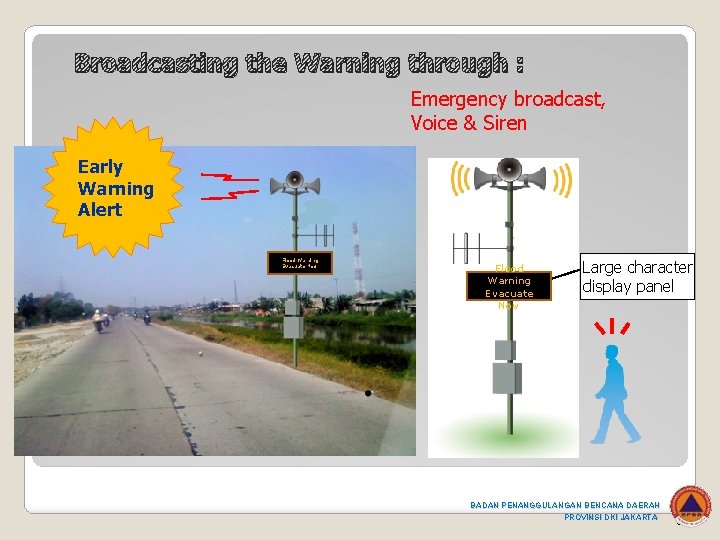 Broadcasting the Warning through : Emergency broadcast, Voice & Siren Early Warning Alert Flood