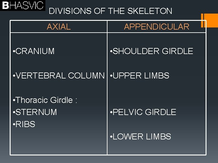 DIVISIONS OF THE SKELETON AXIAL • CRANIUM APPENDICULAR • SHOULDER GIRDLE • VERTEBRAL COLUMN