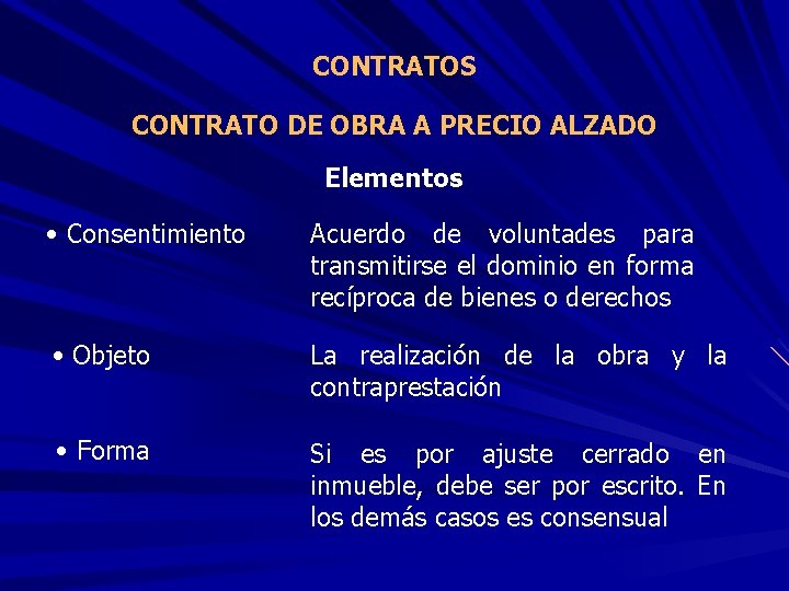 CONTRATOS CONTRATO DE OBRA A PRECIO ALZADO Elementos • Consentimiento Acuerdo de voluntades para