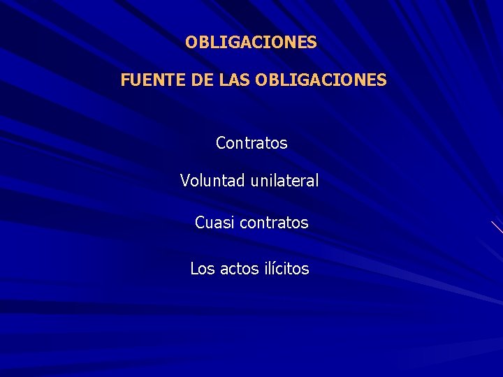 OBLIGACIONES FUENTE DE LAS OBLIGACIONES Contratos Voluntad unilateral Cuasi contratos Los actos ilícitos 
