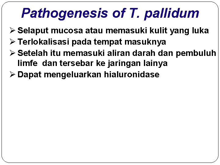 Pathogenesis of T. pallidum Ø Selaput mucosa atau memasuki kulit yang luka Ø Terlokalisasi