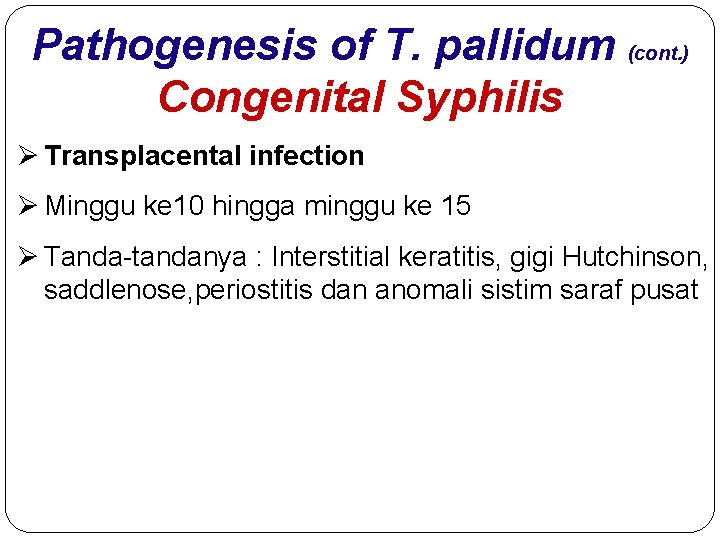 Pathogenesis of T. pallidum (cont. ) Congenital Syphilis Ø Transplacental infection Ø Minggu ke