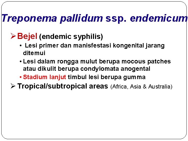 Treponema pallidum ssp. endemicum Ø Bejel (endemic syphilis) • Lesi primer dan manisfestasi kongenital