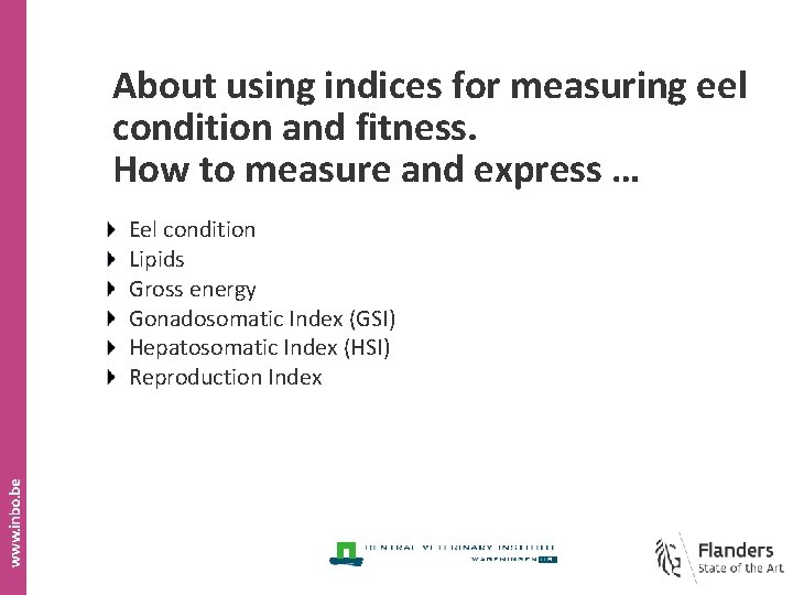 About using indices for measuring eel condition and fitness. How to measure and express