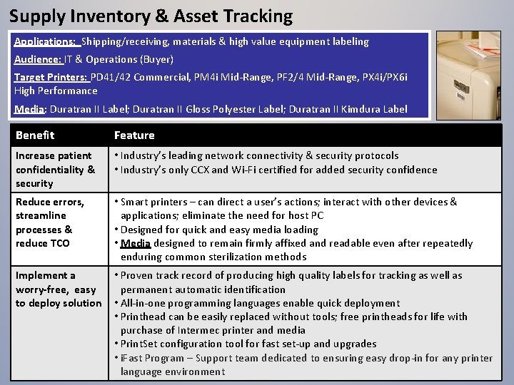 Supply Inventory & Asset Tracking Applications: Shipping/receiving, materials & high value equipment labeling Audience: