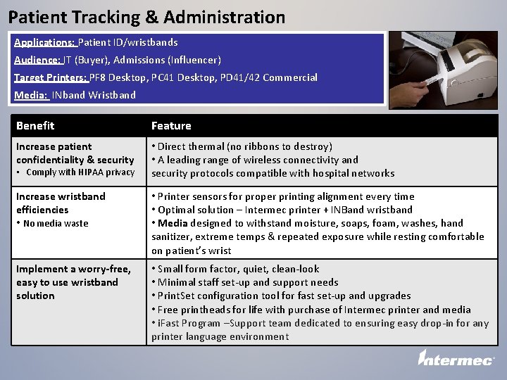 Patient Tracking & Administration Applications: Patient ID/wristbands Audience: IT (Buyer), Admissions (Influencer) Target Printers:
