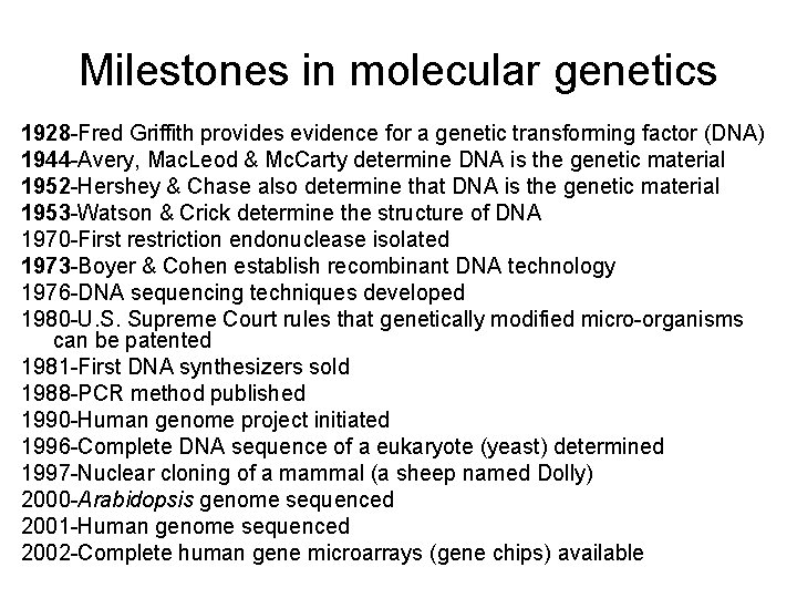Milestones in molecular genetics 1928 -Fred Griffith provides evidence for a genetic transforming factor