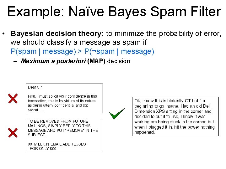Example: Naïve Bayes Spam Filter • Bayesian decision theory: to minimize the probability of