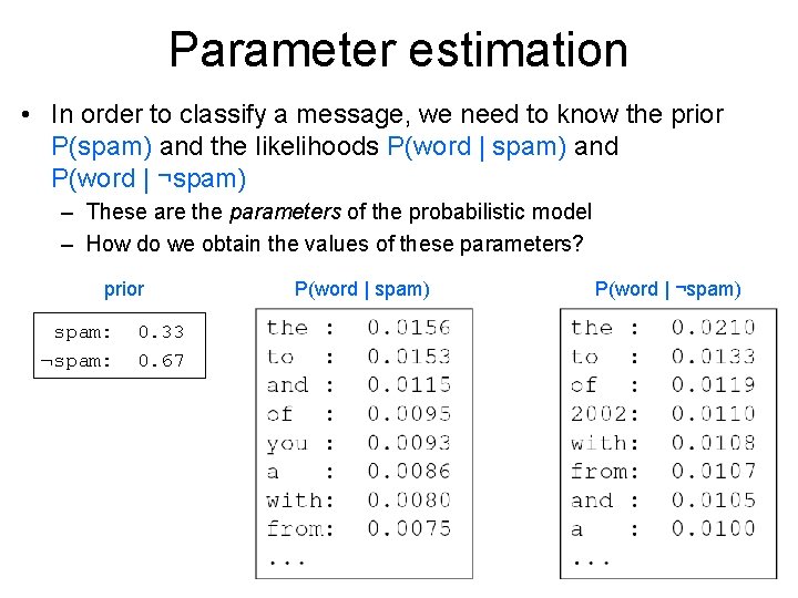 Parameter estimation • In order to classify a message, we need to know the