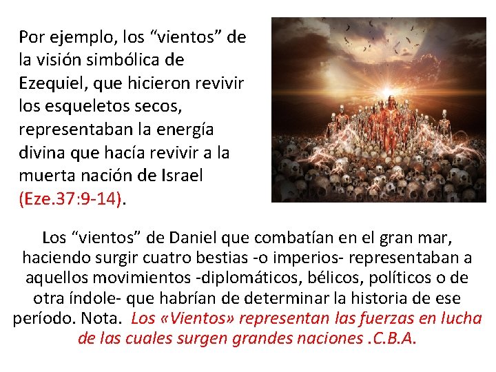 Por ejemplo, los “vientos” de la visión simbólica de Ezequiel, que hicieron revivir los