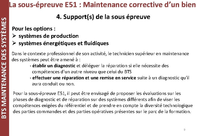 BTS MAINTENANCE DES SYSTÈMES La sous-épreuve E 51 : Maintenance corrective d’un bien 4.