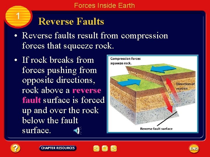 Forces Inside Earth 1 Reverse Faults • Reverse faults result from compression forces that