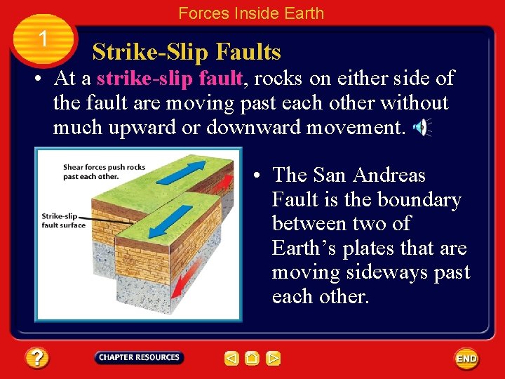 Forces Inside Earth 1 Strike-Slip Faults • At a strike-slip fault, rocks on either