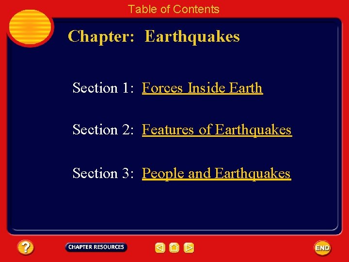 Table of Contents Chapter: Earthquakes Section 1: Forces Inside Earth Section 2: Features of