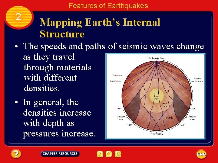 Features of Earthquakes 2 Mapping Earth’s Internal Structure • The speeds and paths of