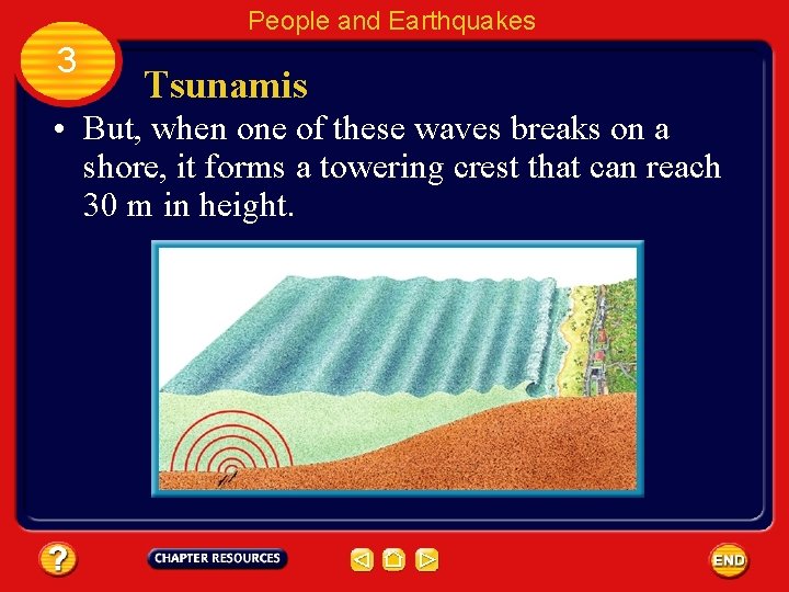 People and Earthquakes 3 Tsunamis • But, when one of these waves breaks on