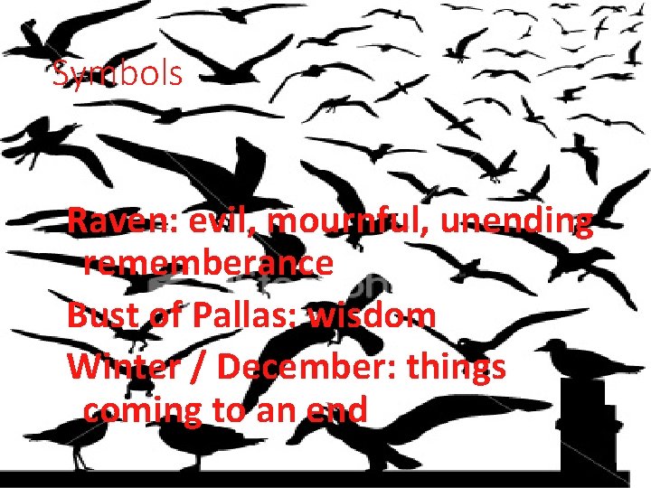 Symbols Raven: evil, mournful, unending rememberance Bust of Pallas: wisdom Winter / December: things