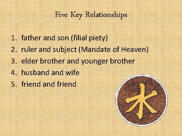 Five Key Relationships 1. 2. 3. 4. 5. father and son (filial piety) ruler