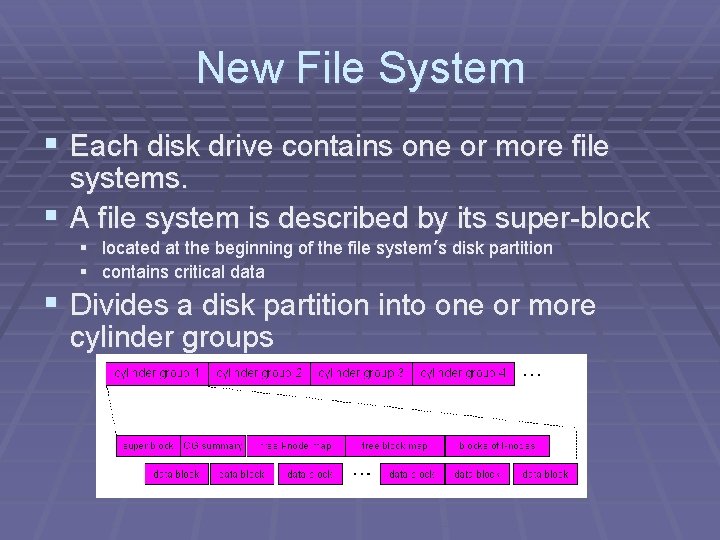New File System § Each disk drive contains one or more file systems. §
