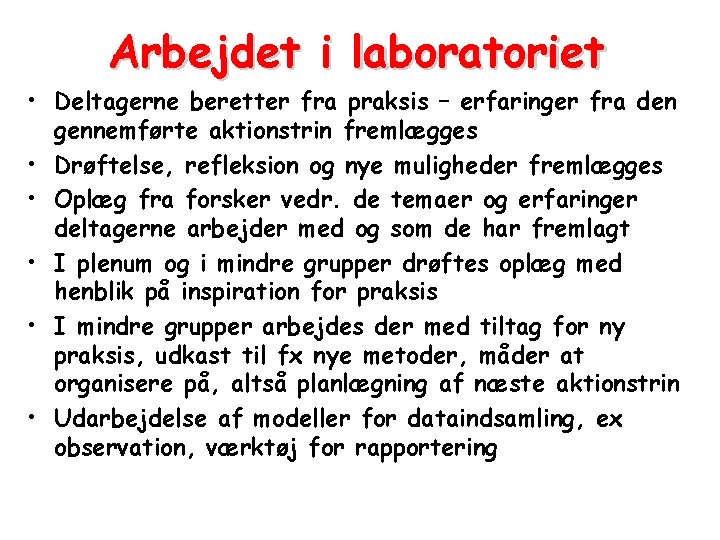 Arbejdet i laboratoriet • Deltagerne beretter fra praksis – erfaringer fra den gennemførte aktionstrin
