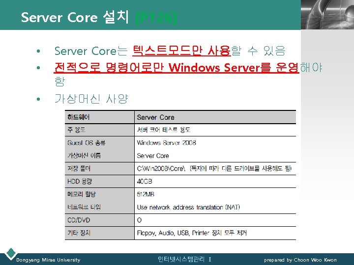 Server Core 설치 [P 126] • • • LOGO Server Core는 텍스트모드만 사용할 수