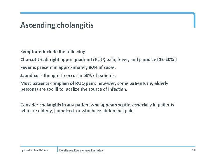 Ascending cholangitis Symptoms include the following: Charcot triad: right upper quadrant (RUQ) pain, fever,