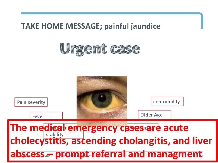 TAKE HOME MESSAGE; painful jaundice Urgent case Pain severity Fever comorbidity Older Age Onset