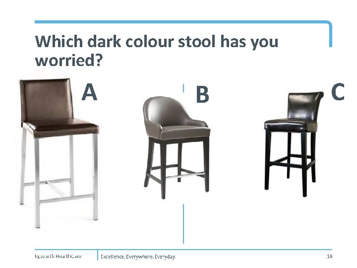 Which dark colour stool has you worried? A B C 16 
