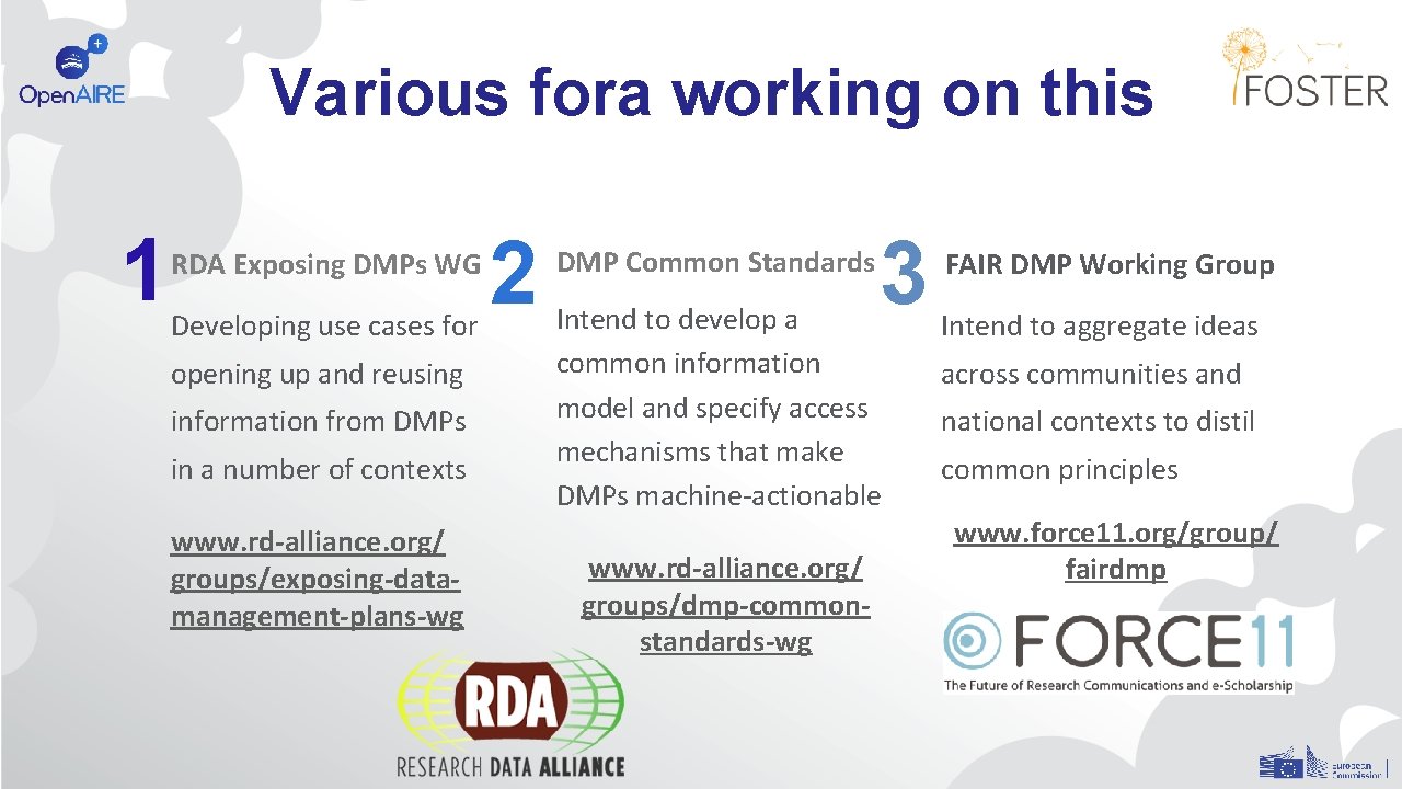 Various fora working on this 1 RDA Exposing DMPs WG Developing use cases for