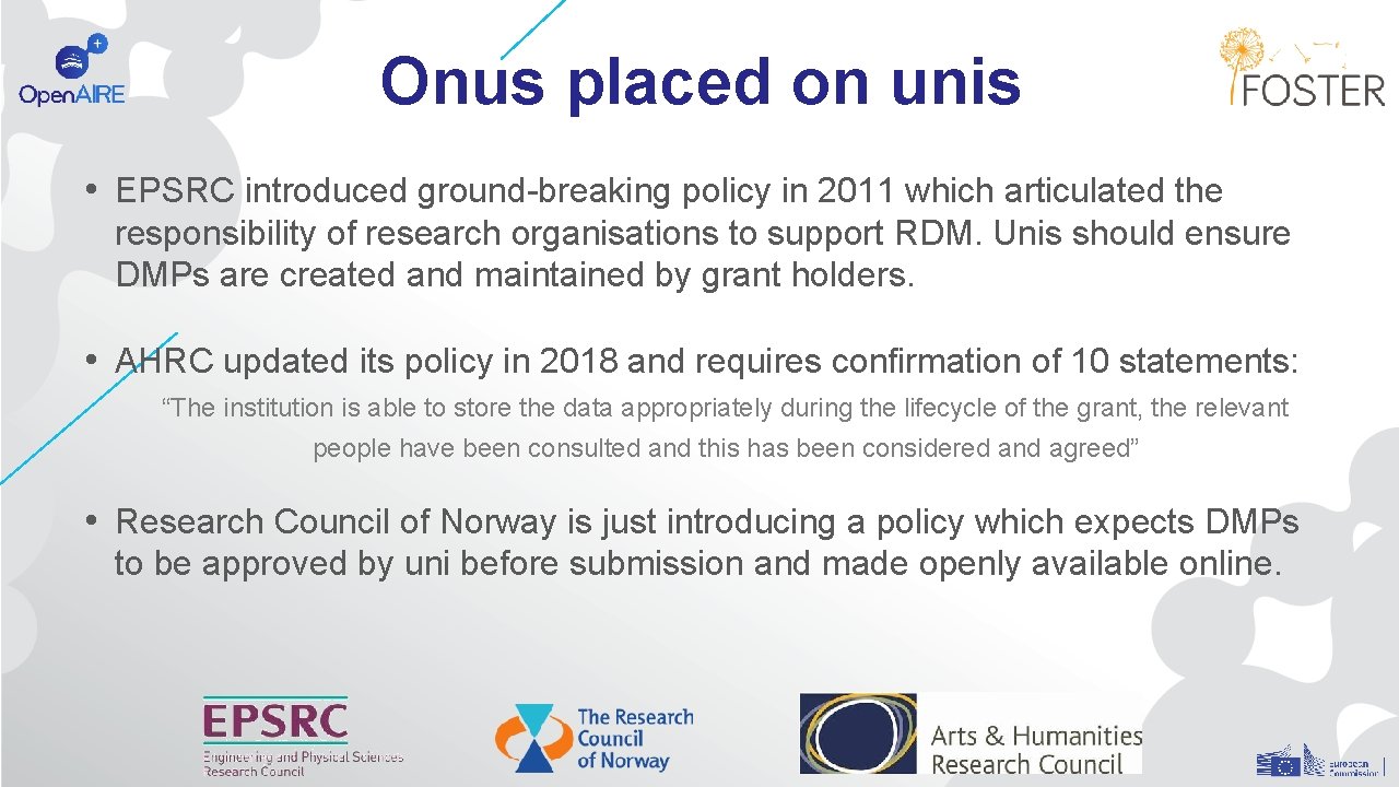 Onus placed on unis • EPSRC introduced ground-breaking policy in 2011 which articulated the