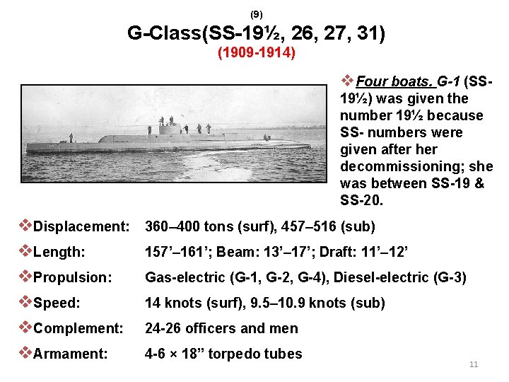(9) G-Class(SS-19½, 26, 27, 31) (1909 -1914) v. Four boats. G-1 (SS 19½) was