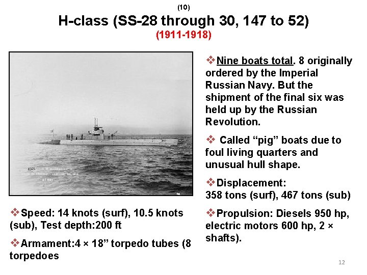 (10) H-class (SS-28 through 30, 147 to 52) (1911 -1918) v. Nine boats total.